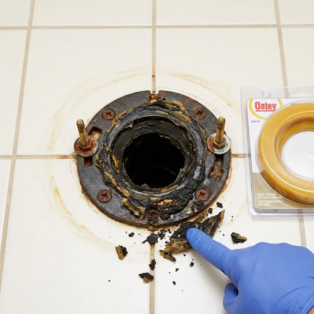 Failed wax ring showing water seepage at the base of a toilet in a Saint Albans, VT home