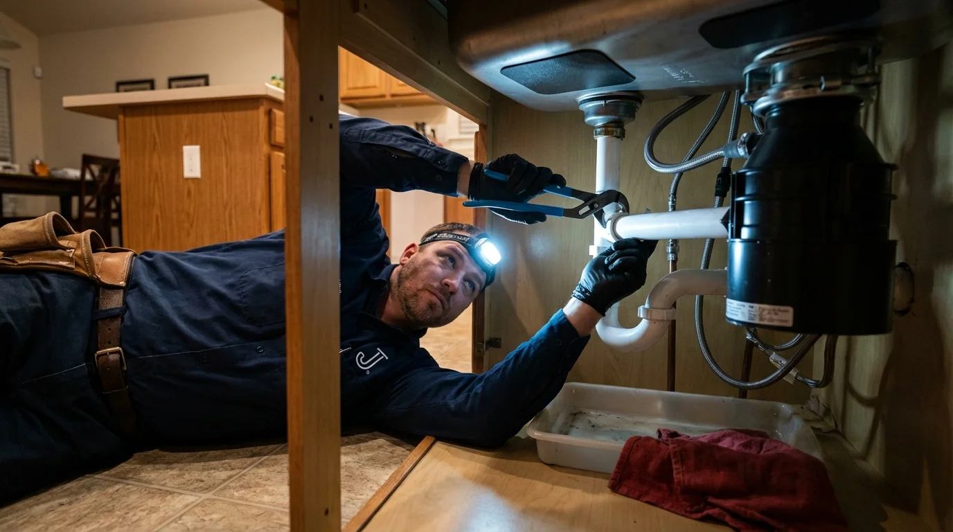 P-trap and supply line connections under a kitchen sink showing a common leak point in Saint Albans, VT